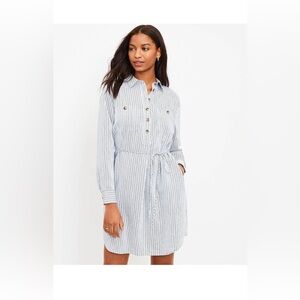 LOFT Light Blue and White Striped Shirt Dress with Tie Waist